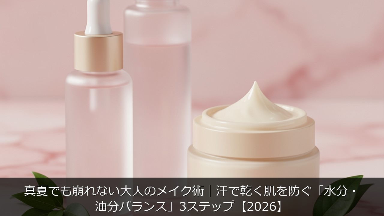 真夏でも崩れない大人のメイク術｜汗で乾く肌を防ぐ「水分・油分バランス」3ステップ【2026】のアイキャッチ画像